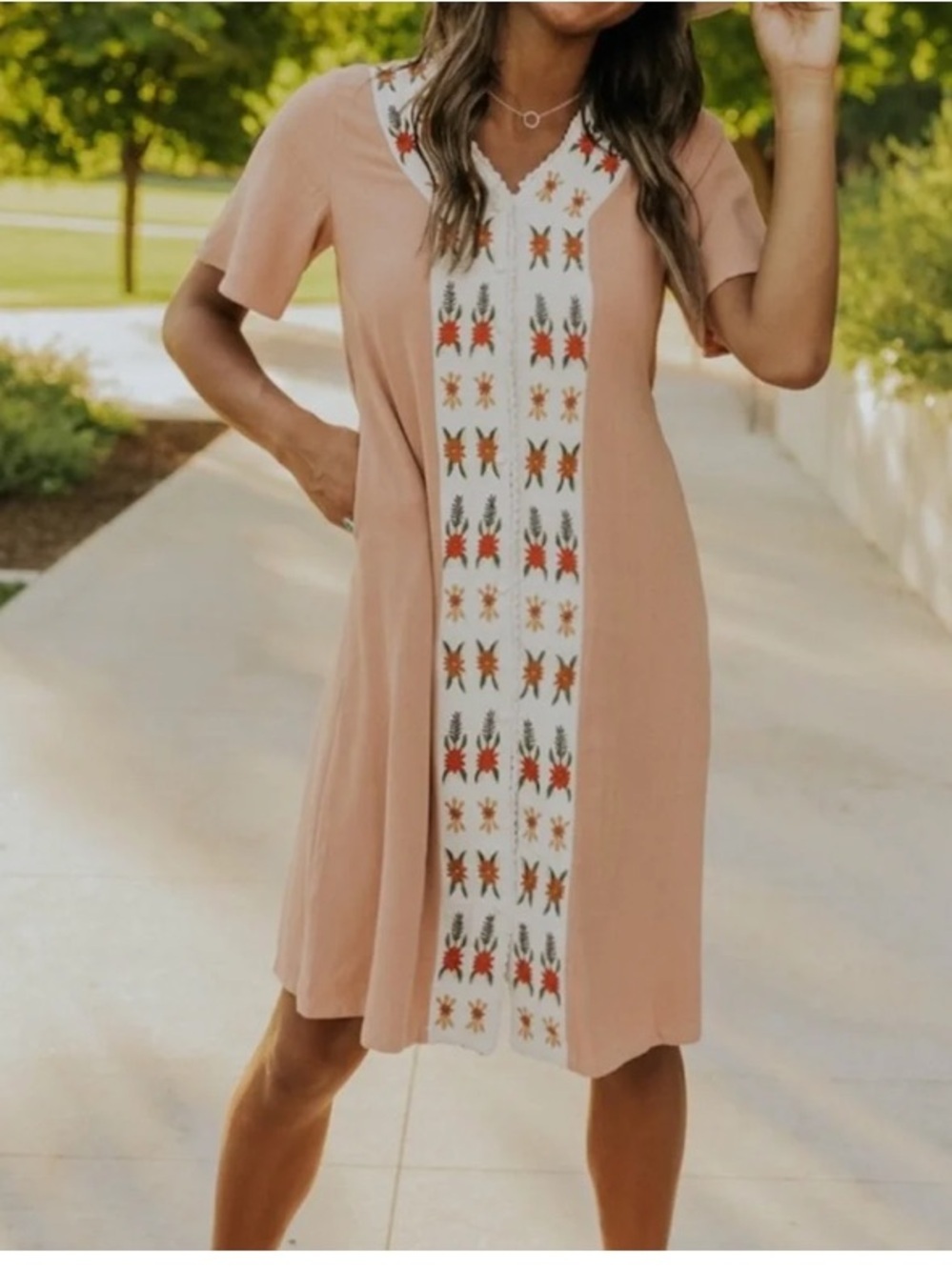 Roolee NWT Linen Cotton Blend Honey & Pine Floral Embroidered Dress Large